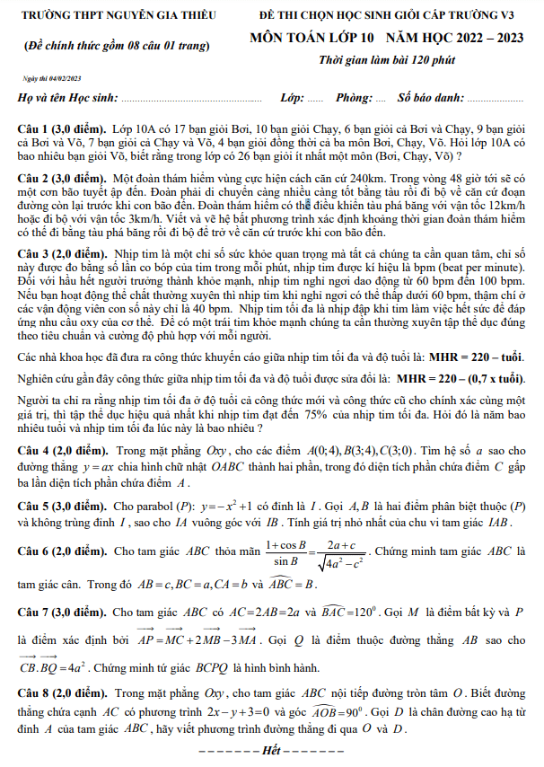 Đề HSG lớp 10 môn Toán vòng 3 năm 2022 2023 trường THPT Nguyễn Gia Thiều Hà Nội