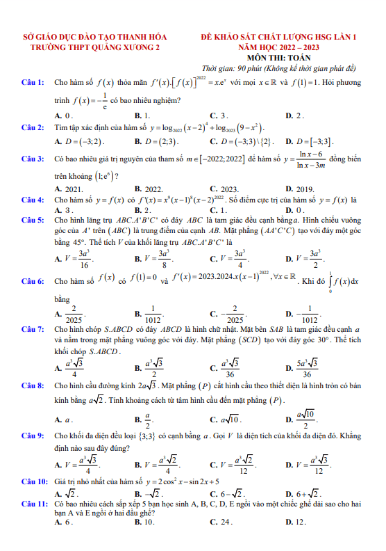 Đề HSG lớp 12 môn Toán lần 1 năm 2022 2023 trường THPT Quảng Xương 2 Thanh Hóa