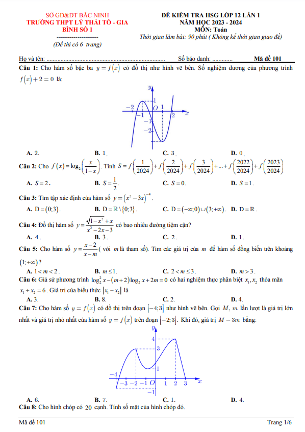 Đề HSG lớp 12 môn Toán lần 1 năm 2023 2024 THPT Lý Thái Tổ Gia Bình 1 Bắc Ninh