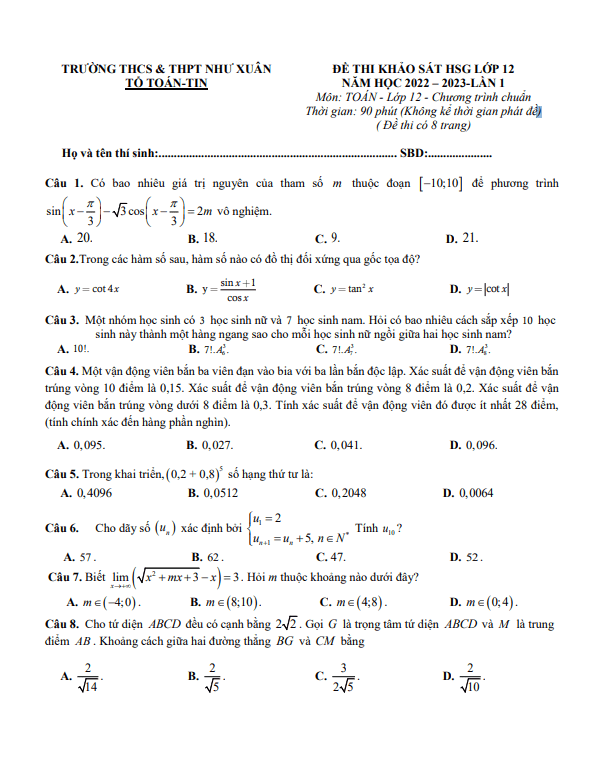 Đề HSG lớp 12 môn Toán năm 2022 2023 lần 1 trường THCS THPT Như Xuân Thanh Hóa