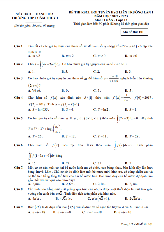 Đề HSG lớp 12 môn Toán năm 2022 2023 lần 1 trường THPT Cẩm Thủy 1 Thanh Hóa