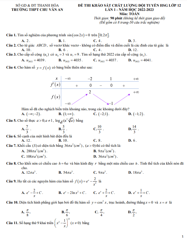 Đề HSG lớp 12 môn Toán năm 2022 2023 lần 1 trường THPT Chu Văn An Thanh Hóa