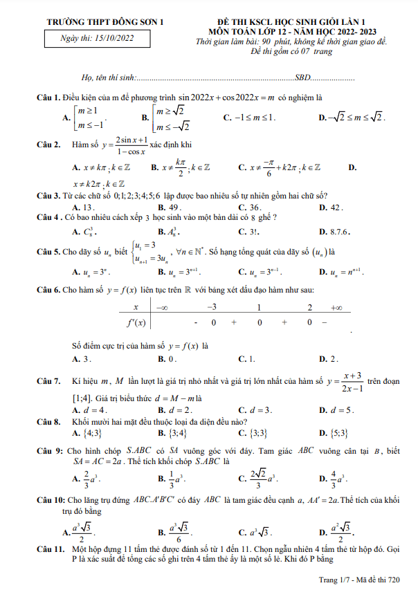 Đề HSG lớp 12 môn Toán năm 2022 2023 lần 1 trường THPT Đông Sơn 1 Thanh Hóa