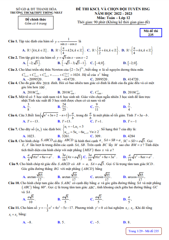 Đề HSG lớp 12 môn Toán năm 2022 2023 trường THCS THPT Thống Nhất Thanh Hóa