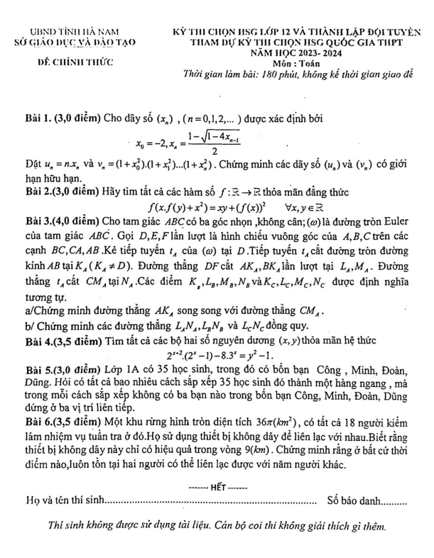 Đề HSG lớp 12 môn Toán và lập đội tuyển thi HSG QG năm 2023 2024 sở GD ĐT Hà Nam