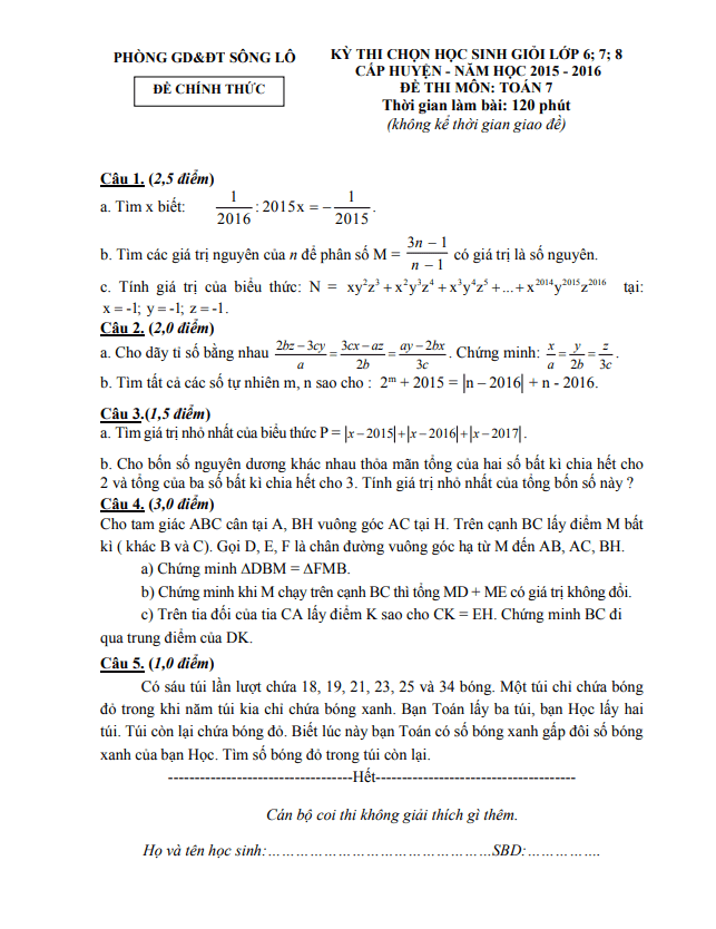Đề HSG lớp 7 môn Toán cấp huyện năm 2015 2016 phòng GD ĐT Sông Lô Vĩnh Phúc
