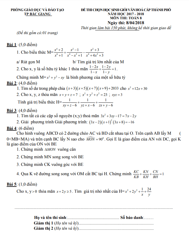 Đề HSG lớp 8 môn Toán cấp thành phố năm 2017 2018 phòng GD ĐT TP Bắc Giang