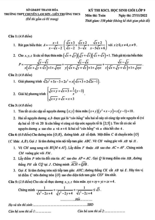 Đề HSG lớp 9 môn Toán năm 2022 2023 trường THPT chuyên Lam Sơn Thanh Hóa