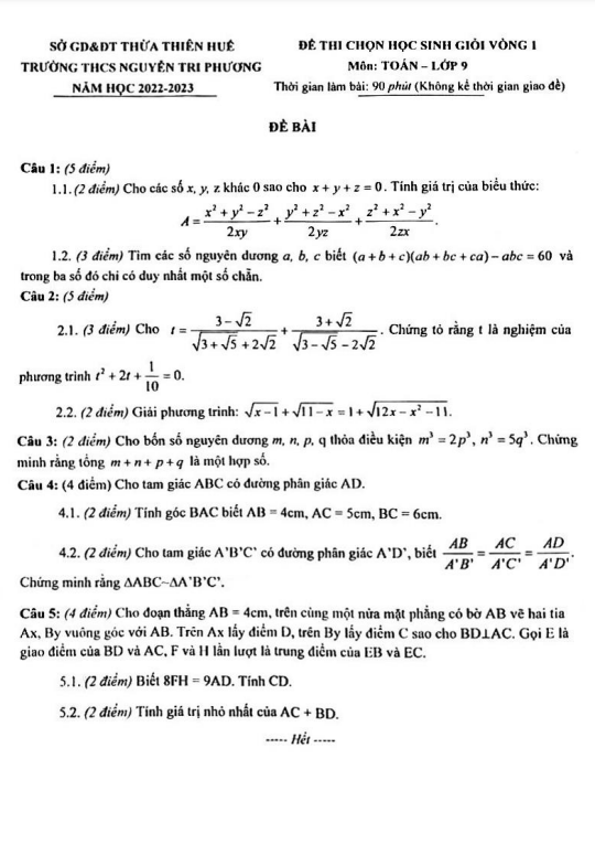 Đề HSG lớp 9 môn Toán vòng 1 năm 2022 2023 trường THCS Nguyễn Tri Phương TT Huế