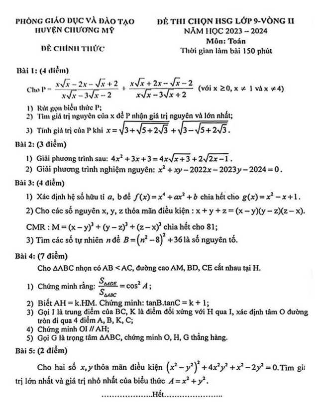 Đề HSG lớp 9 môn Toán vòng 2 năm 2023 2024 phòng GD ĐT Chương Mỹ Hà Nội