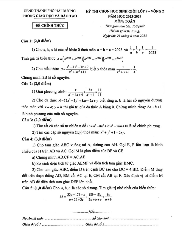 Đề HSG lớp 9 môn Toán vòng 2 năm 2023 2024 phòng GD ĐT thành phố Hải Dương