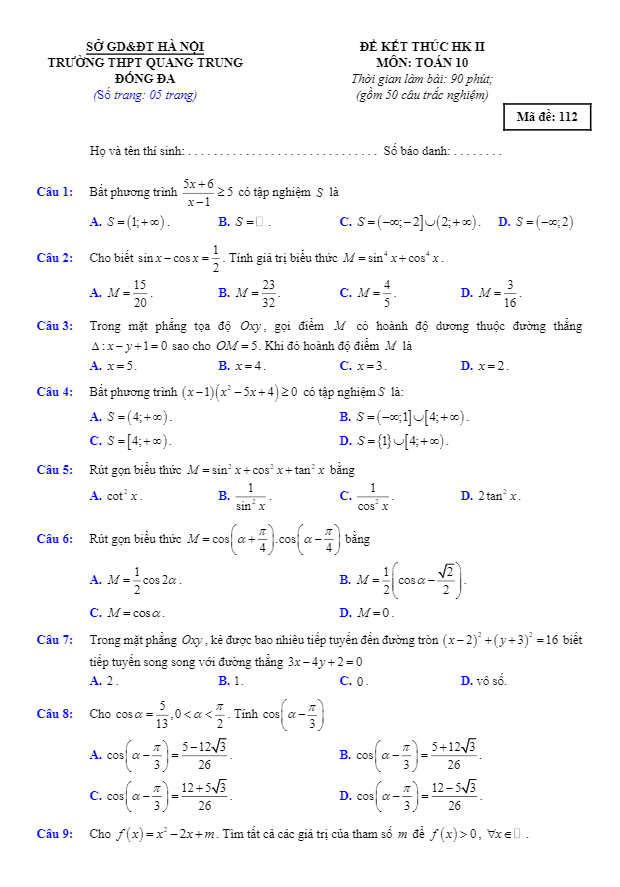 Đề kết thúc học kì 2 (HK2) lớp 10 môn Toán năm 2019 2020 trường THPT Quang Trung Hà Nội