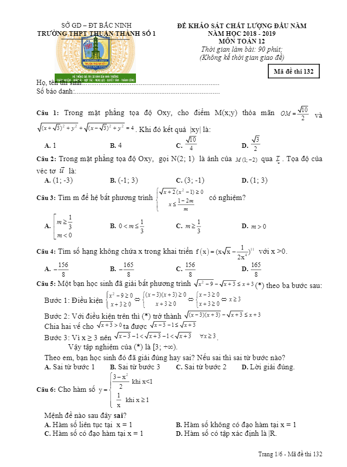 Đề khảo sát chất lượng đầu năm 2018 2019 lớp 12 môn Toán trường Thuận Thành 1 Bắc Ninh