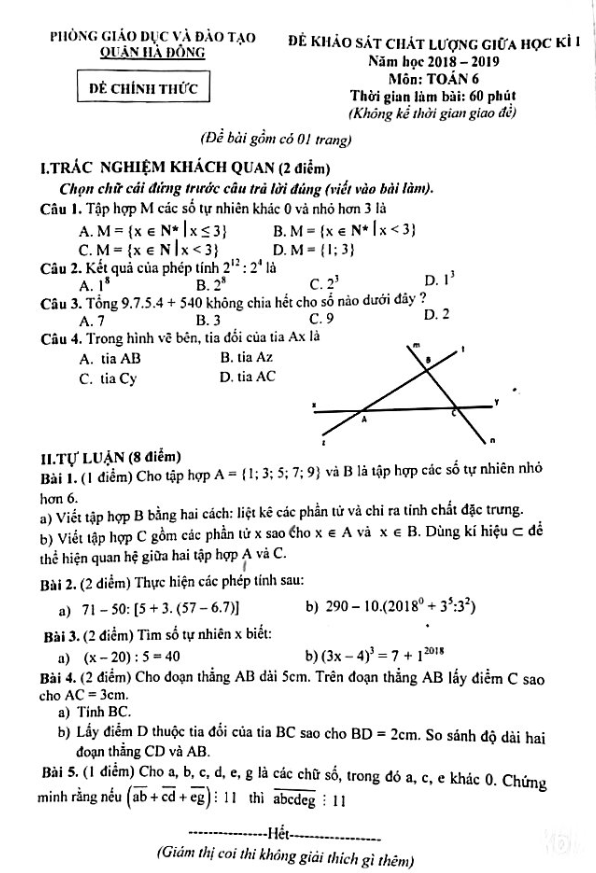 Đề khảo sát chất lượng giữa học kì 1 (HK1) lớp 6 môn Toán năm 2018 2019 phòng GD và ĐT Hà Đông Hà Nội