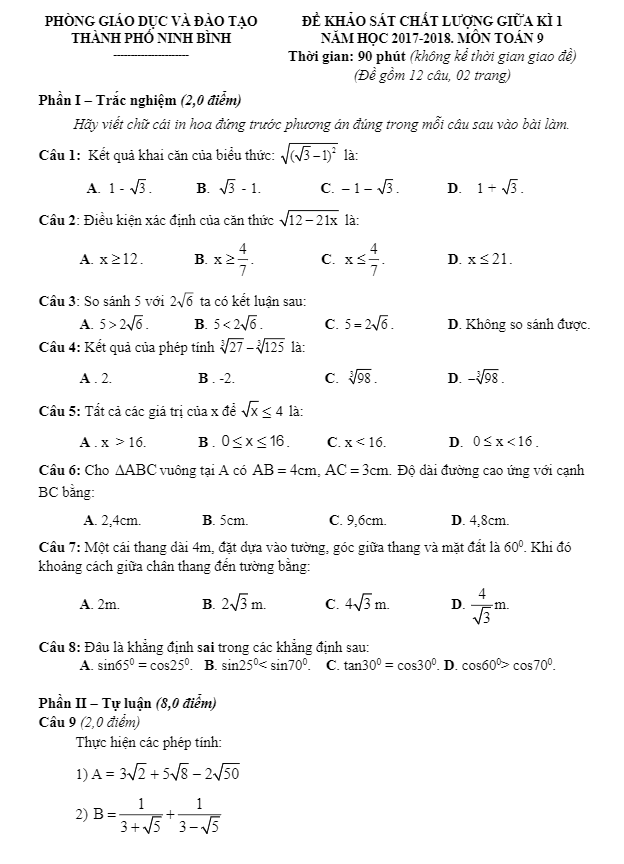 Đề khảo sát chất lượng giữa học kì 1 (HK1) năm học 2017 2018 lớp 9 môn Toán phòng GD và ĐT thành phố Ninh Bình