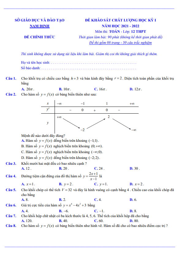 Đề khảo sát chất lượng học kì 1 (HK1) lớp 12 môn Toán năm 2021 2022 sở GD ĐT Nam Định