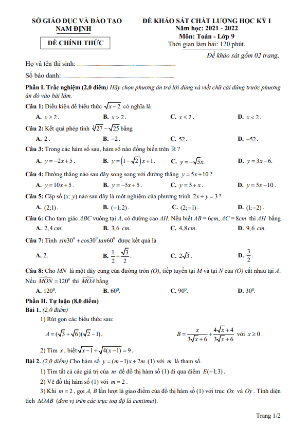 Đề khảo sát chất lượng học kì 1 (HK1) lớp 9 môn Toán năm 2021 2022 sở GD ĐT Nam Định