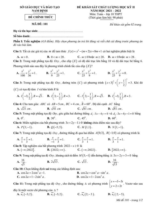 Đề khảo sát chất lượng học kì 2 (HK2) lớp 10 môn Toán năm 2021 2022 sở GD ĐT Nam Định