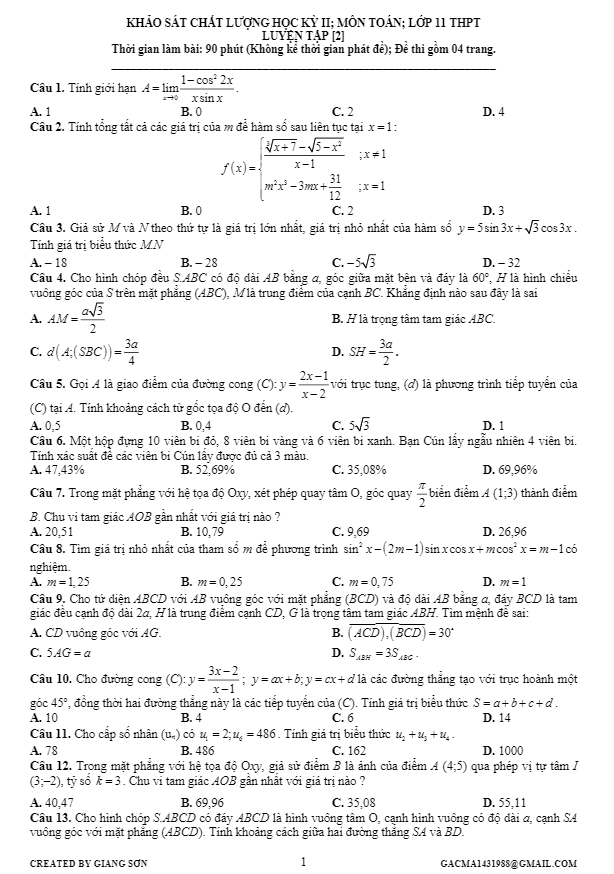 Đề khảo sát chất lượng học kì 2 (HK2) lớp 11 môn Toán Lương Tuấn Đức (Đề 2)