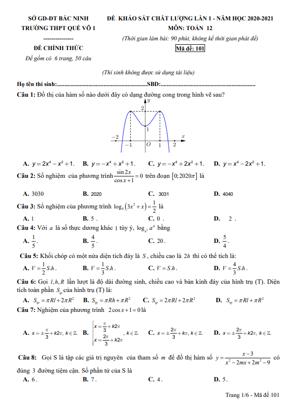 Đề khảo sát chất lượng lần 1 lớp 12 môn Toán năm 2020 2021 trường Quế Võ 1 Bắc Ninh