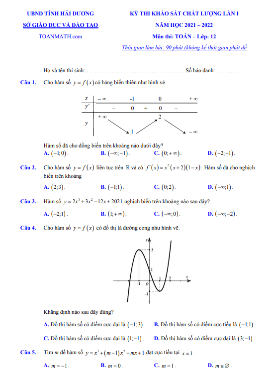 Đề khảo sát chất lượng lần 1 lớp 12 môn Toán năm 2021 2022 sở GD ĐT Hải Dương