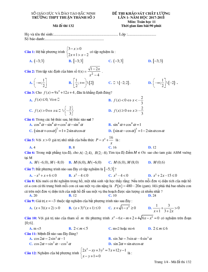 Đề khảo sát chất lượng lần 1 năm học 2017 2018 lớp 11 môn Toán trường THPT Thuận Thành 3 Bắc Ninh