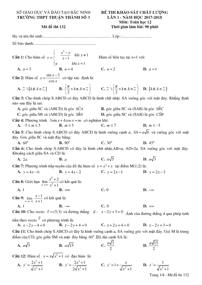 Đề khảo sát chất lượng lần 1 năm học 2017 – 2018 lớp 12 môn Toán trường THPT Thuận Thành 3 – Bắc Ninh