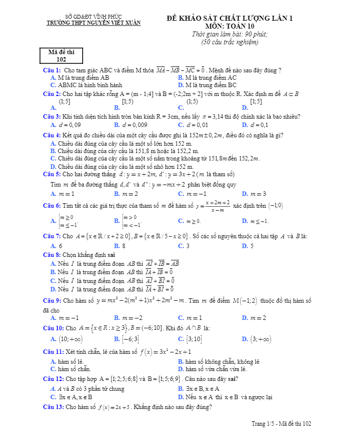 Đề khảo sát chất lượng lớp 10 môn Toán năm 2018 2019 trường Nguyễn Viết Xuân Vĩnh Phúc lần 1