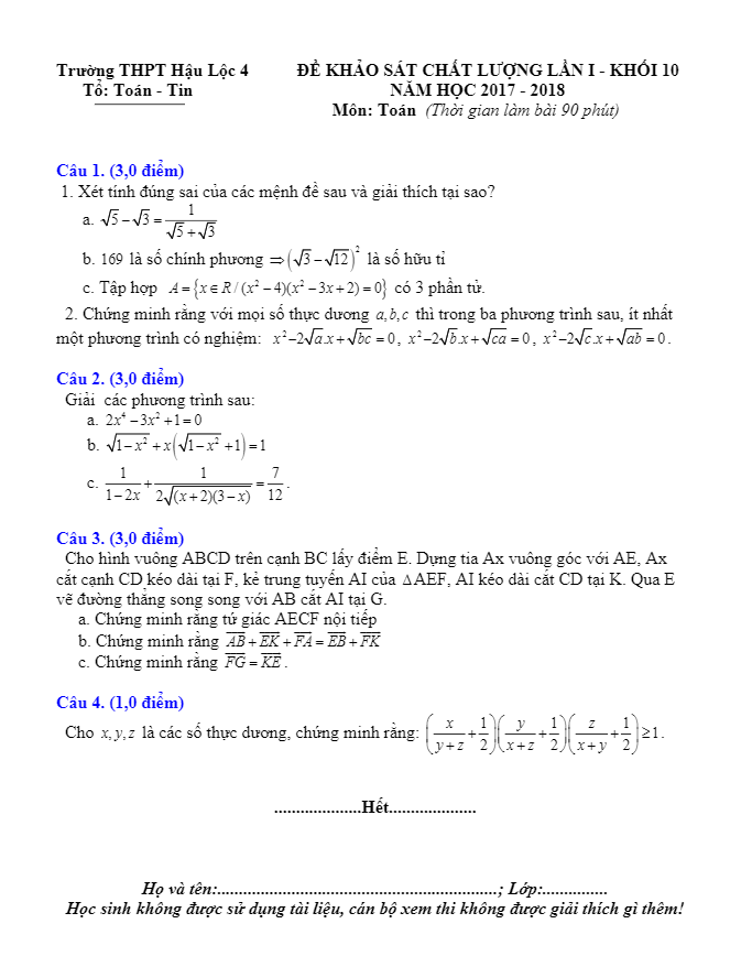 Đề khảo sát chất lượng lớp 10 môn Toán năm học 2017 2018 trường THPT Hậu Lộc 4 Thanh Hóa lần 1