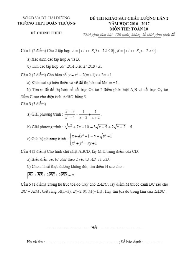 Đề khảo sát chất lượng lớp 10 môn Toán trường Đoàn Thượng Hải Dương lần 2