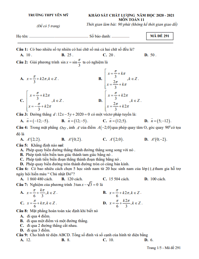 Đề khảo sát chất lượng lớp 11 môn Toán năm 2020 2021 trường THPT Yên Mỹ Hưng Yên
