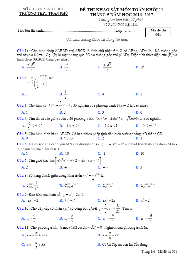 Đề khảo sát chất lượng lớp 11 môn Toán tháng 5 năm học 2016 2017 trường Trần Phú, Yên Lạc Vĩnh Phúc