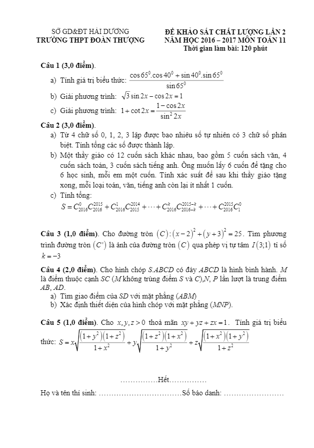 Đề khảo sát chất lượng lớp 11 môn Toán trường Đoàn Thượng Hải Dương lần 2