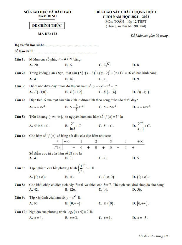 Đề khảo sát chất lượng lớp 12 môn Toán đợt 1 cuối năm 2021 2022 sở GD ĐT Nam Định