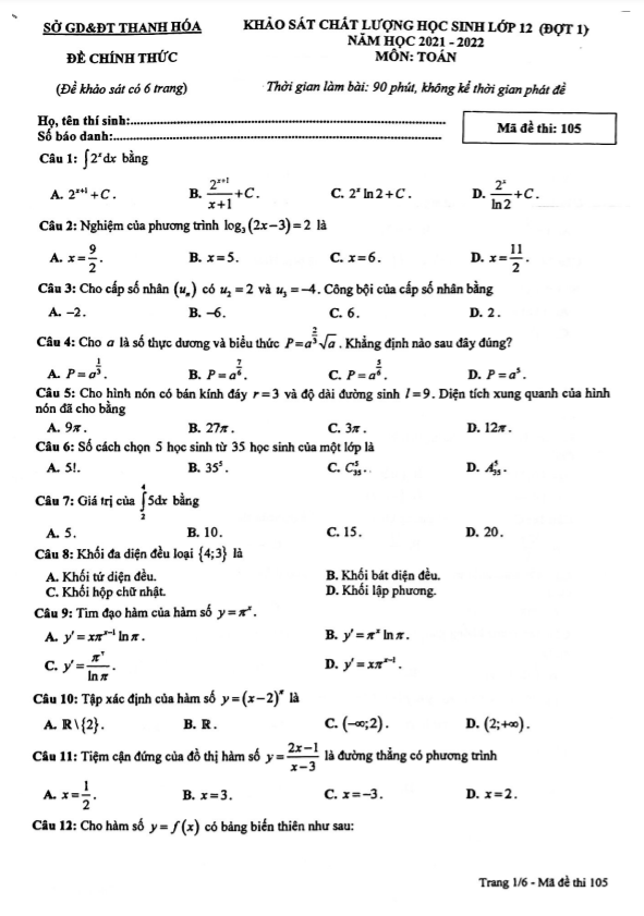 Đề khảo sát chất lượng lớp 12 môn Toán (đợt 1) năm 2021 2022 sở GD ĐT Thanh Hóa