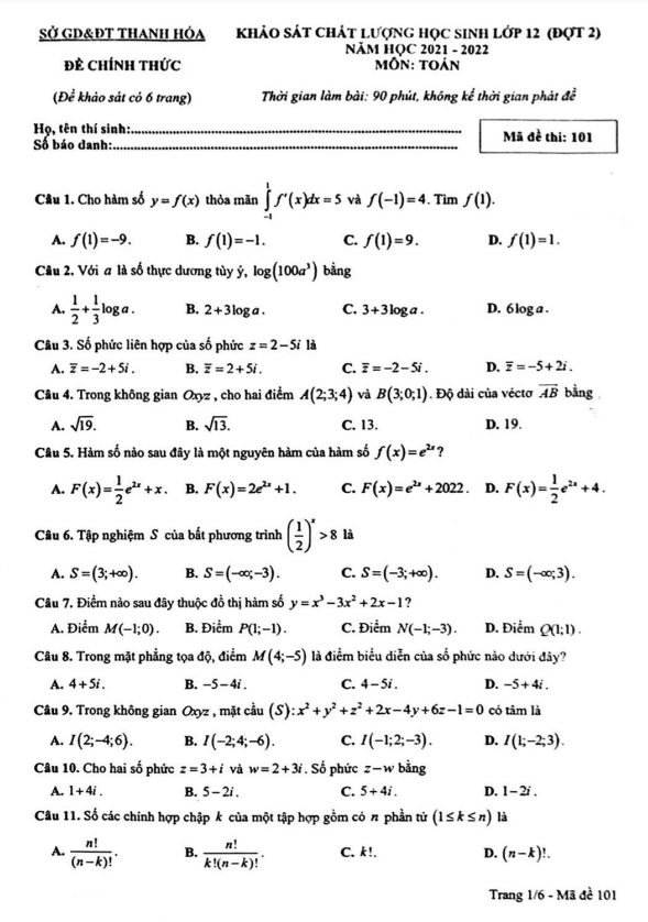 Đề khảo sát chất lượng lớp 12 môn Toán (đợt 2) năm 2021 2022 sở GD ĐT Thanh Hóa