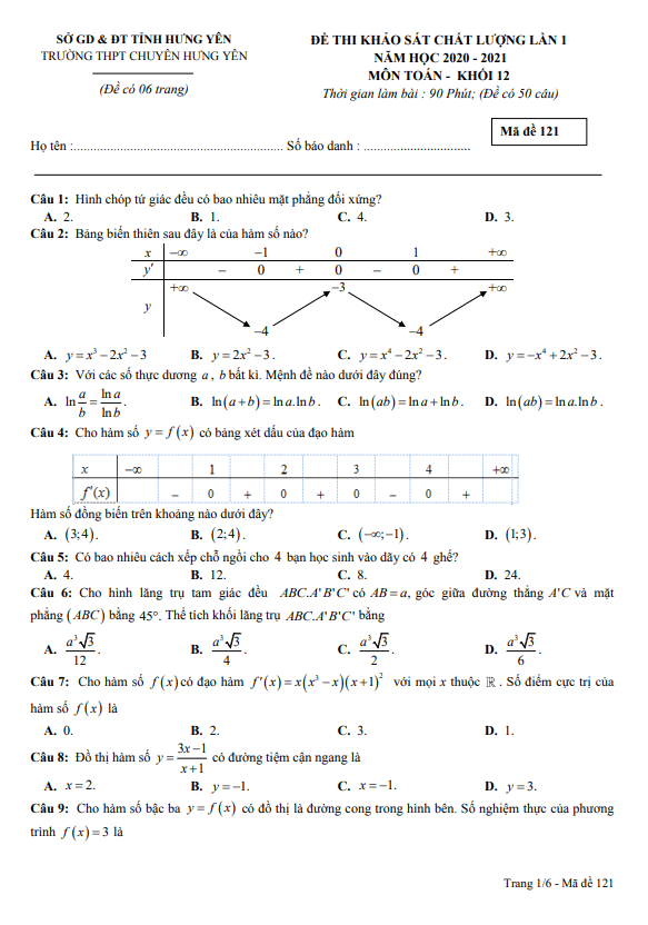 Đề khảo sát chất lượng lớp 12 môn Toán lần 1 năm 2020 2021 trường THPT chuyên Hưng Yên