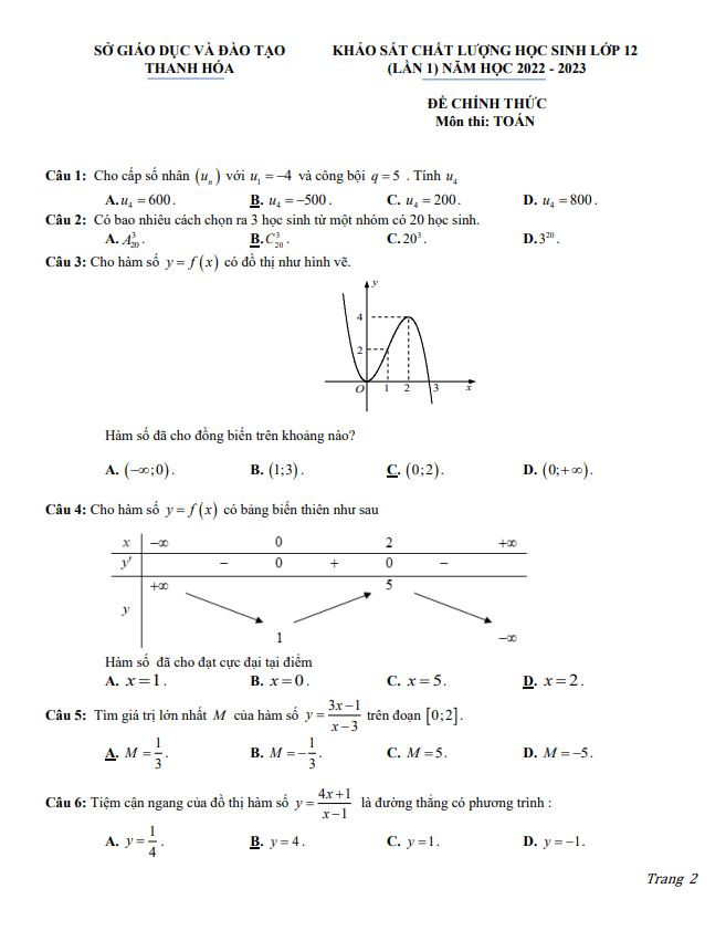 Đề khảo sát chất lượng lớp 12 môn Toán lần 1 năm 2022 2023 sở GD ĐT Thanh Hóa