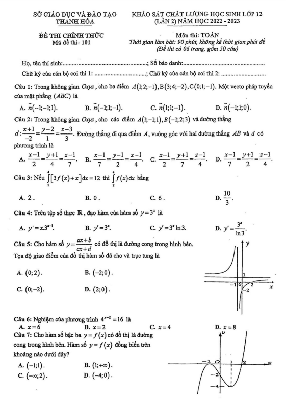 Đề khảo sát chất lượng lớp 12 môn Toán lần 2 năm 2022 2023 sở GD ĐT Thanh Hóa
