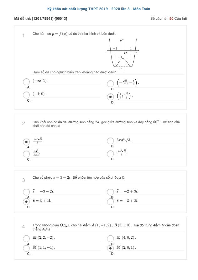 Đề khảo sát chất lượng lớp 12 môn Toán lần 3 năm 2019 2020 sở GD ĐT Hà Nội