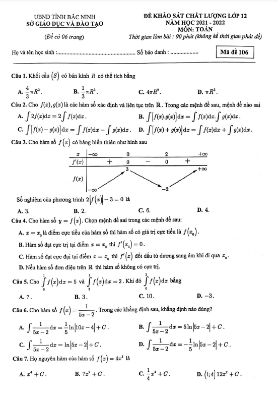 Đề khảo sát chất lượng lớp 12 môn Toán năm 2021 2022 sở GD ĐT Bắc Ninh