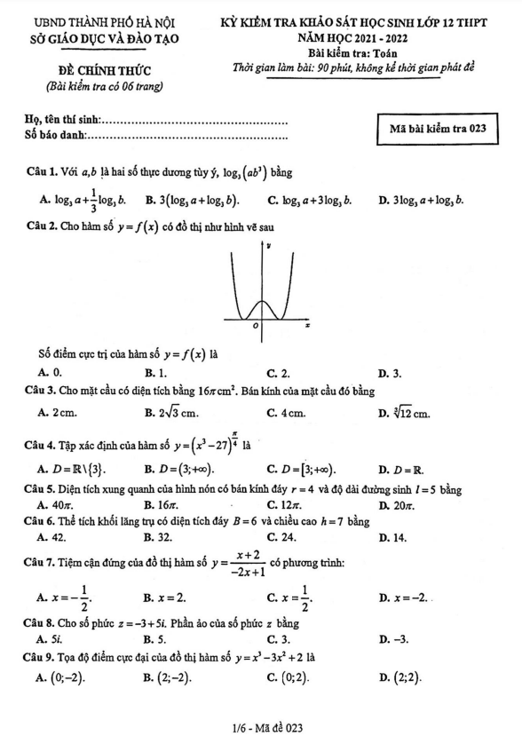 Đề khảo sát chất lượng lớp 12 môn Toán năm 2021 2022 sở GD ĐT Hà Nội