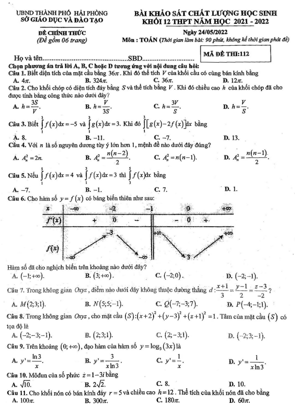 Đề khảo sát chất lượng lớp 12 môn Toán năm 2021 2022 sở GD ĐT Hải Phòng