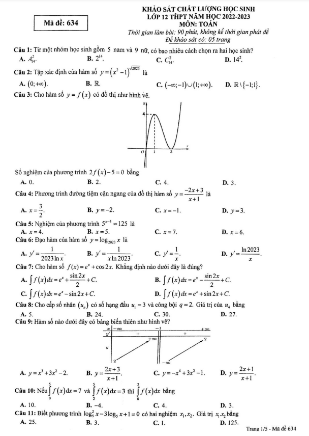 Đề khảo sát chất lượng lớp 12 môn Toán năm 2022 2023 sở GD ĐT Phú Thọ