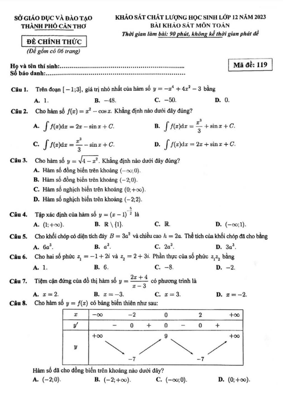 Đề khảo sát chất lượng lớp 12 môn Toán năm 2023 sở GD ĐT Cần Thơ