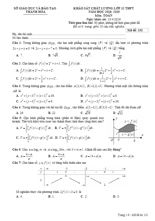 Đề khảo sát chất lượng lớp 12 môn Toán năm học 2018 2019 sở GD ĐT Thanh Hóa