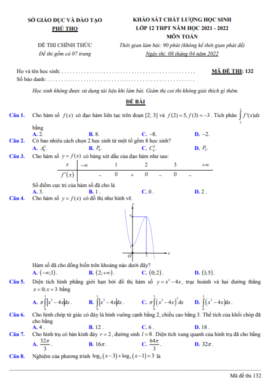 Đề khảo sát chất lượng lớp 12 môn Toán THPT năm 2021 2022 sở GD ĐT Phú Thọ