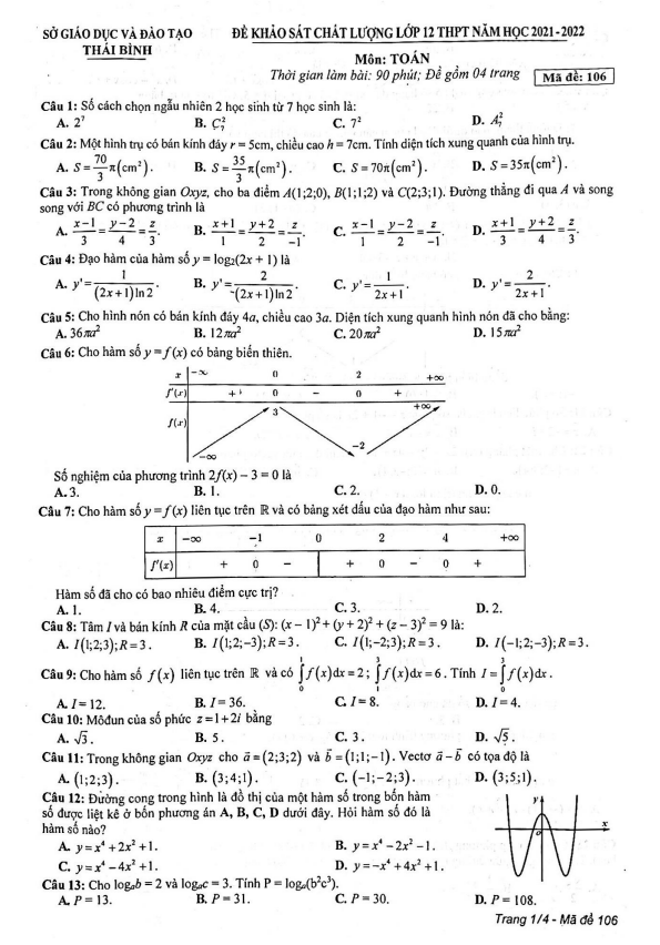 Đề khảo sát chất lượng lớp 12 môn Toán THPT năm 2021 2022 sở GD ĐT Thái Bình