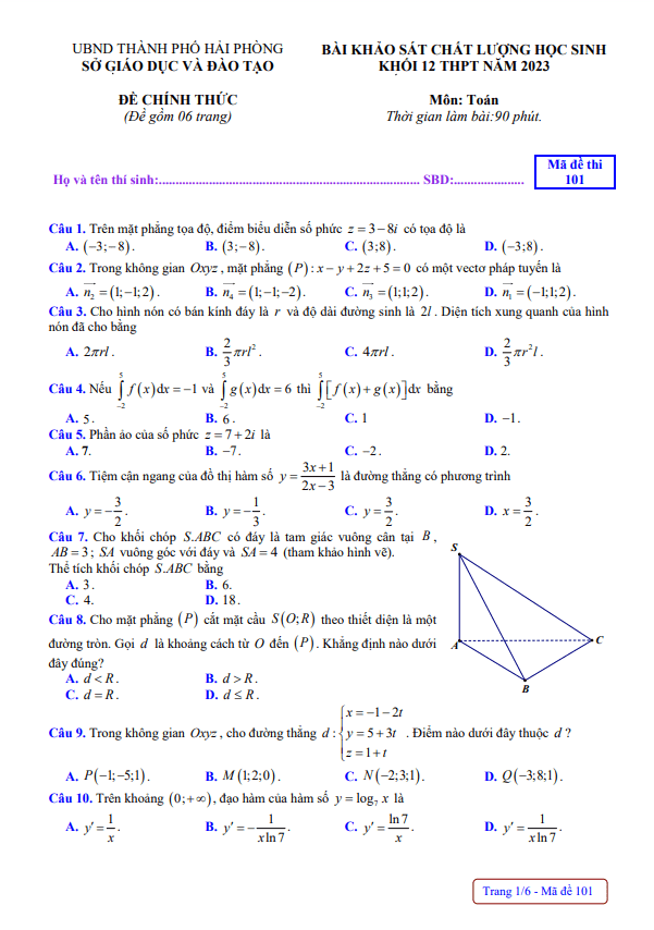 Đề khảo sát chất lượng lớp 12 môn Toán THPT năm 2023 sở GD ĐT Hải Phòng