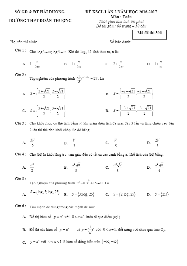 Đề khảo sát chất lượng lớp 12 môn Toán trường Đoàn Thượng Hải Dương lần 2